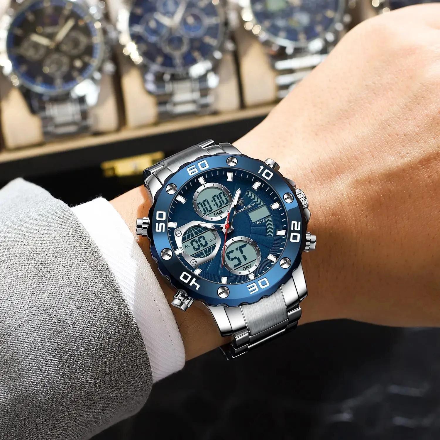 POEDAGAR E102 Montres numériques chronographes électroniques multifonctions  pour hommes Montre analogique à quartz étanche en acier inoxydable pour