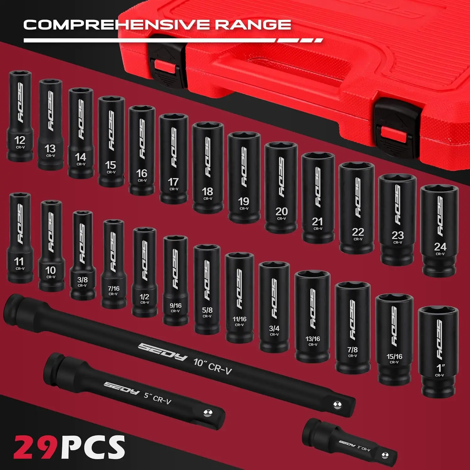 29-Piece 1/2" Drive Impact Socket Set SAE Metric (3/8 1") 10-24mm Sizes Standard Deep Extension Bars Torx Features OEM - Image 2