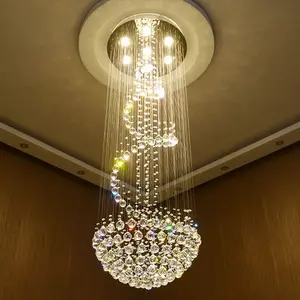 Very Long Staircase Hanging Pendant Lights Modern Spiral Sphere Crystal Drop Chandelier Lamp