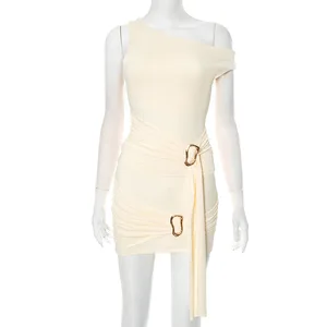 Women's Summer New Style Solid-color Scoop-neck Sleeveless Metal-buttoned Halter-top Short Dress Set for Women