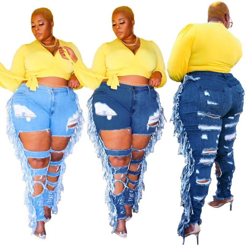 Hot Style Fabrics Jeans Ripped Tassel 