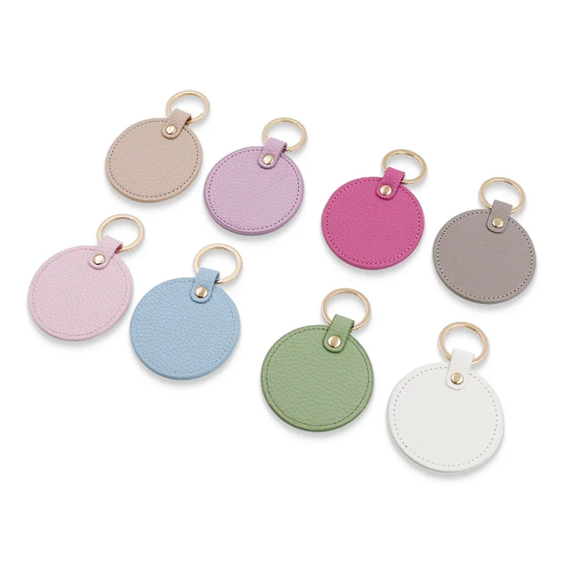Customize Round Shape Pebble Leather Key Chain Key Ring