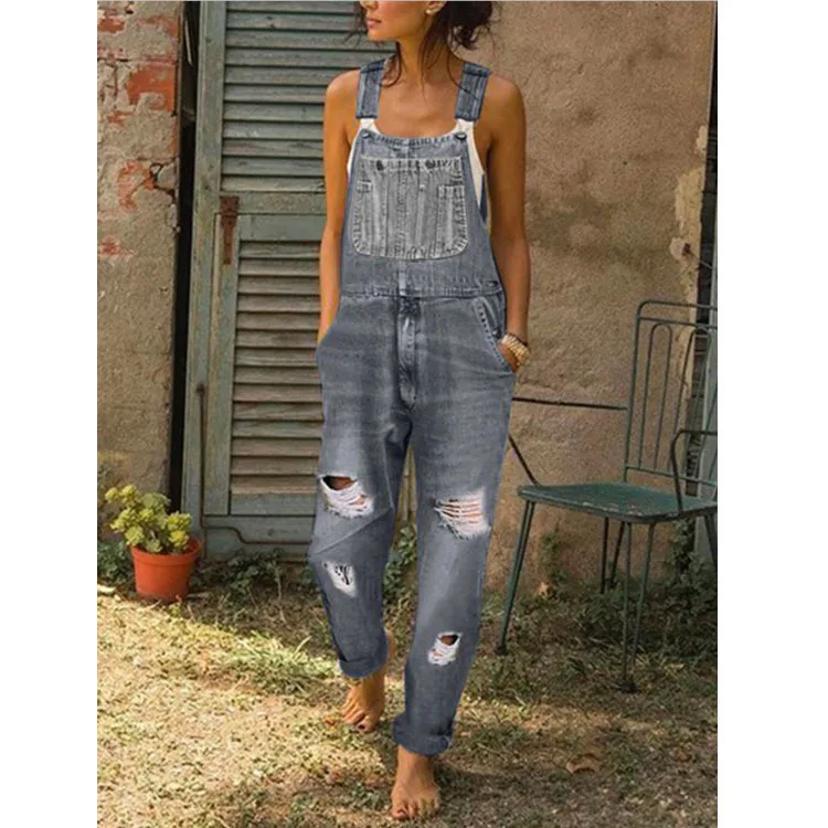 Wanita Wanita Baggy Jeans Denim Bib Panjang Penuh Anak-anak Dungaree  Keseluruhan Padat Longgar Kasual Lebar Kaki Celana Jeans Overall Wanita