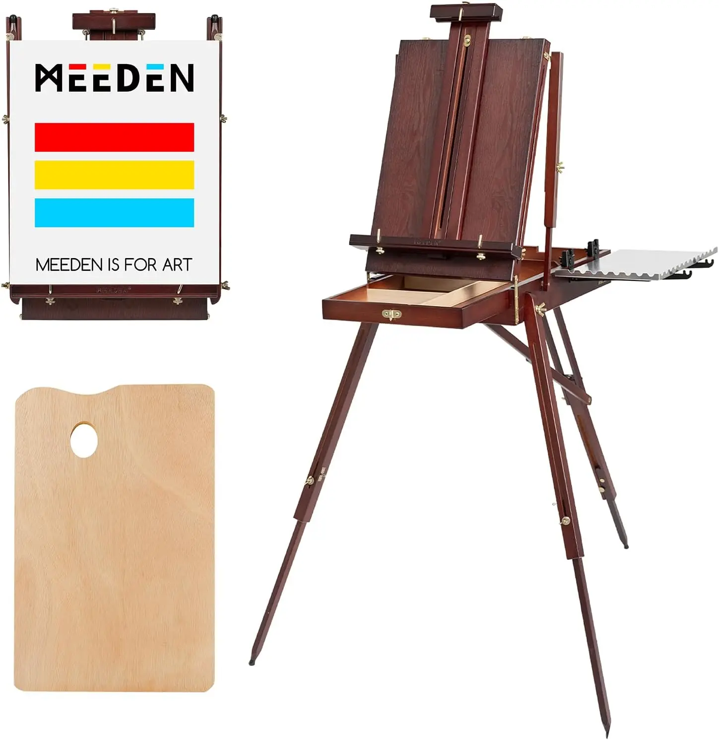 Meeden Tragbare Staffelei Aus Buchenholz Mit Klappbeinen,Schublade,Aufbewahrungspaletten Und Französischem Design Für Künstler – Ideal Für Den Außenbereich