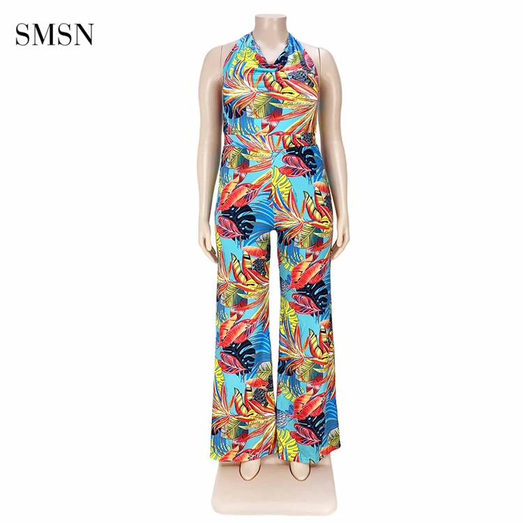 SMSN OSINA New Trendy Tropical Print Backless Halter Jumpsuit Pants Wide Leg Summer Plus Size Women Jumpsuits And Rompers