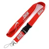 Red lanyard printed with silver logo