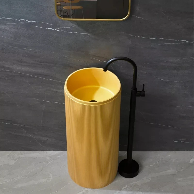 Modern bathroom washroom artificial stone cylindrical freestanding floor pedestal hand wash basin sink for hotel supplier