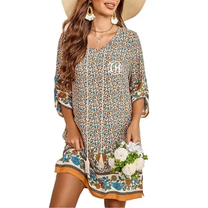Casual Summer Beach Dress for Women Bohemian Floral 3/4 Sleeve Loose Drawstring Design Clothing Manufacturer Front Digital