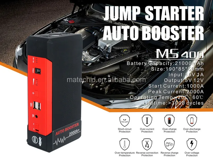 Matec Ms400 Car Jump Starter 2000a 24000mah 12/24v Diesel Auto Jump