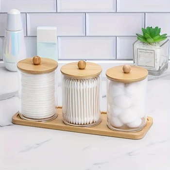 Bathroom Containers Dispenser for Storage 3 Pack Cotton Swab Storage Box Acrylic Round Container Makeup Remover Box