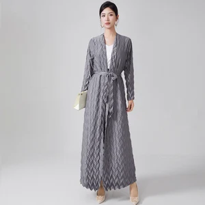 2025 Latest Elegant Pleated Abaya Women's Long Cardigan with Belt - Grey Textured Islamic Fashion Robe for Daily Wear