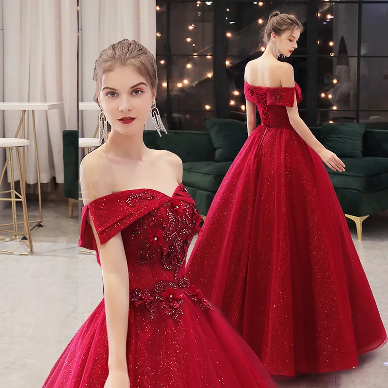 Red rose garden off the shoulder sweetheart neck sparkle ball gown wedding  dress with sweep train & glitter tulle