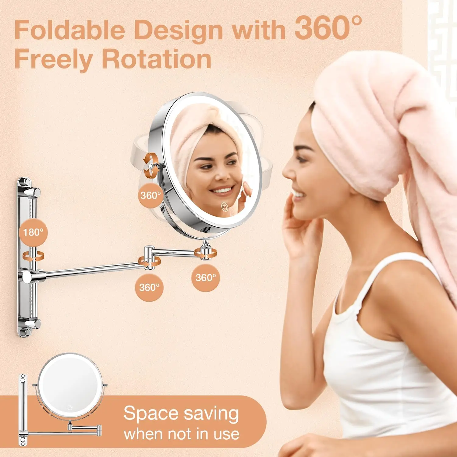 Hotel Project Design Height Adjustable Battery Powered Wall Mount Magnifying X10 LED Vanity Mirror