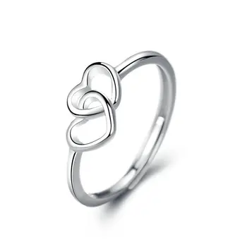 Simple Female Ring 925 Sterling Silver Rings Adjustable double Hearts Rings for Wedding