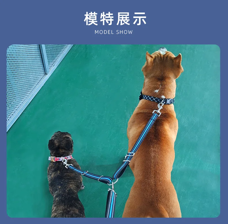 Double-Headed Reflective Eco-friendly Nylon Dog Walking Leash Solid One-to-Two Strap with Ribbon Decoration for Large Breed Dogs