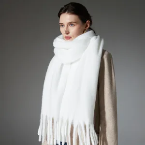Roregal Winter Polyester Warm Scarves 190cm*50cm Long Solid Color Tassel White Scarf Shawl