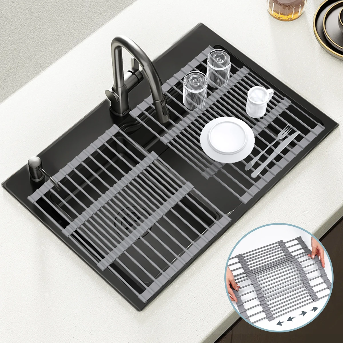 Expandable Roll up Dish Drying Rack for Kitchen Adjustable Foldable Silicone Wrapped Large Over the Sink Roll up Dish Drainer