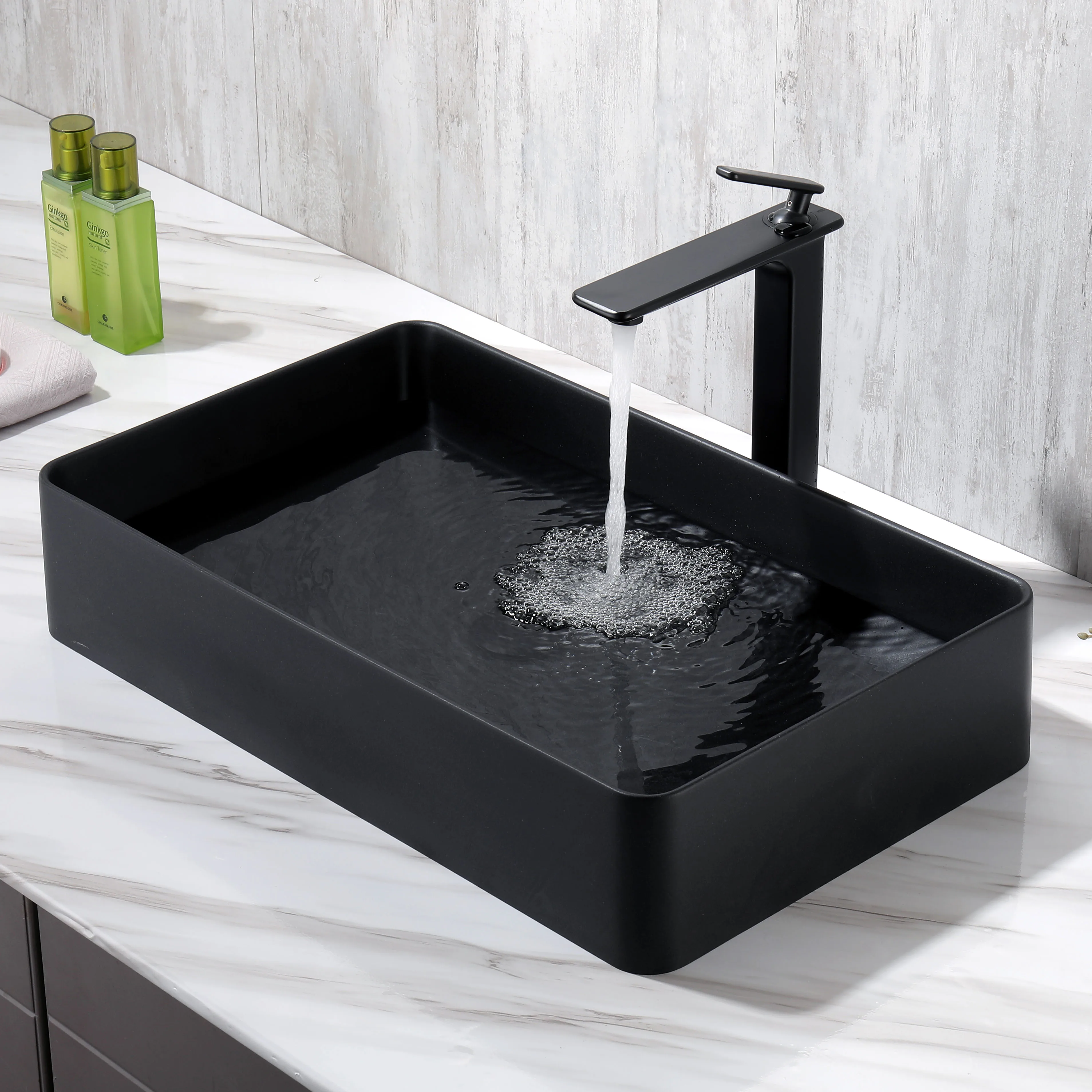 Cheap Matte Black Quartz Artificial Stone Wash Basin Double Sink