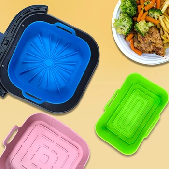 Food Grade Silicone Round & Square Reusable Air Fryer Basket Baking Dishes & Pans Accessory for Home Kitchen
