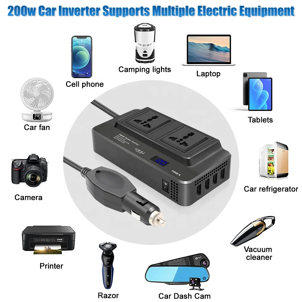 Universal Sockets 2 AC Outlet 2USB Port 1 Type-C QC3.0 Port Modified Sine Wave 200W DC 12V to AC 220V Germany Car Power Inverter