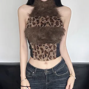 Viviblook Z1229TP03 Women's Tank Top Leopard Print Fur Patchwork High Neck Vest for Women High Neck Top