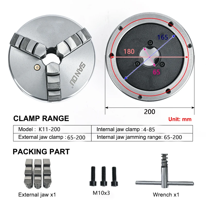 3 Jaw Lathe Chuck 200 mm - Sanou Manual Self-Centering Chuck K11