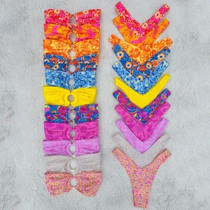 Summer Customized Digital Printed Ring Bandeau Bikini Two Piece Low Price Beach Bikini Set