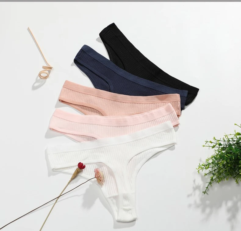 Seamless Ladies Ribbed Cotton Thong Simple Women's Low Waist Bikini Briefs Sports Girls