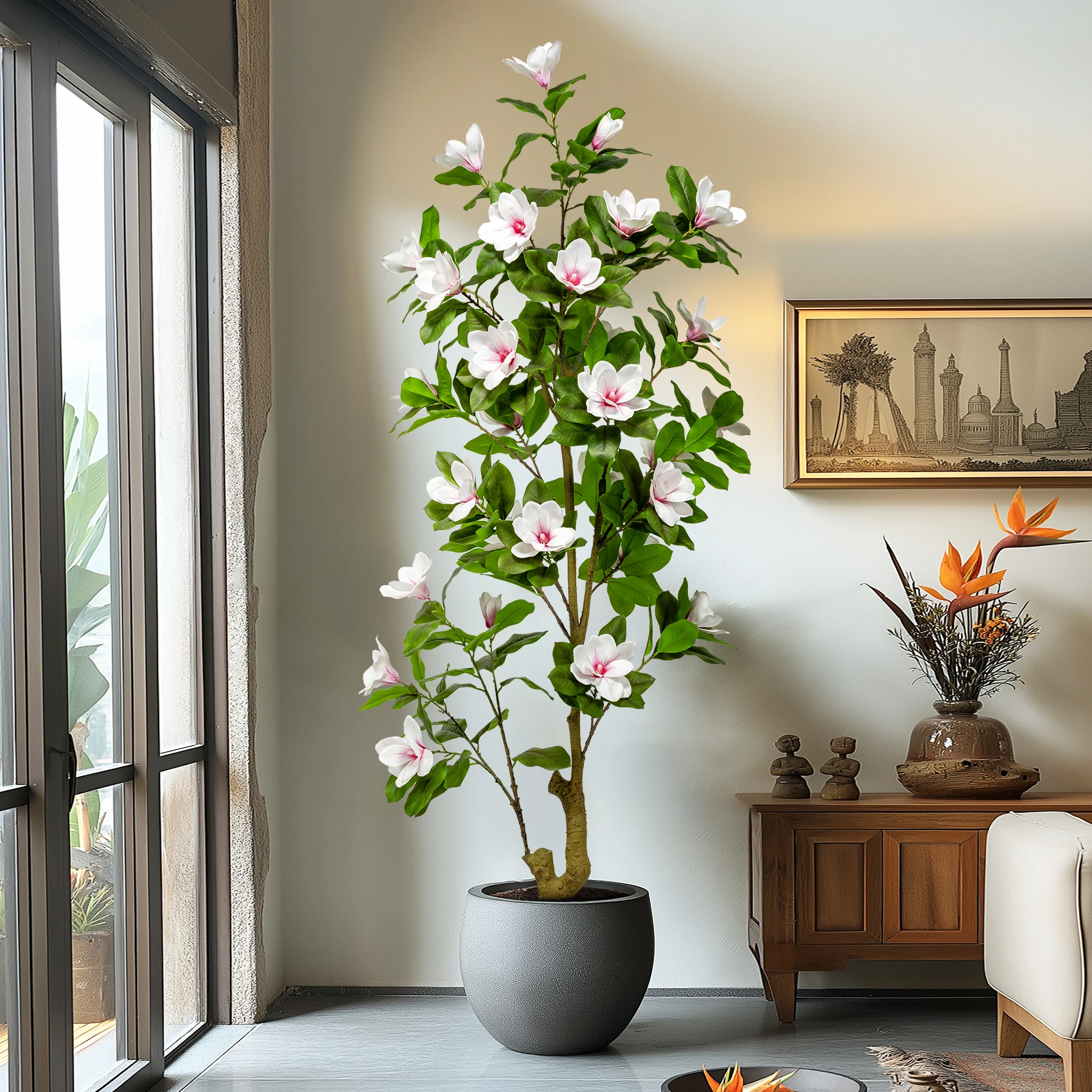 Realistic PE Artificial Magnolia Camellia Bonsai Tree Plastic Flower Indoor/Outdoor Wedding Birthday Party Landscaping