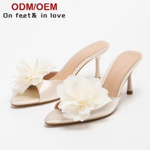 4302A-44 Spring Party Outdoor Flower Decor 7.5CM High Heeled Slippers Open Toe Pointed Toe Fashion Women Sandals High Quality
