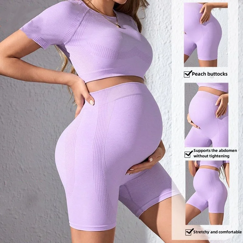 product soft maternity yoga sets back hollow out short sleeve cropped tops and high waist skinny shorts maternity fitness workout sets-60