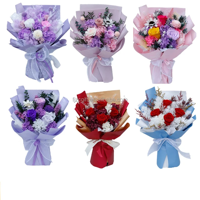 Factory Direct Forever Eternal Rose Bouquet With Gift Box Valentine's Mother Day Gift Preserved Roses Dried Flower Bouquet