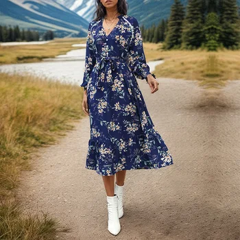 Amazon 2024 Spring New European and American Women's Long-sleeved Flower Print Dress lady girl clothing