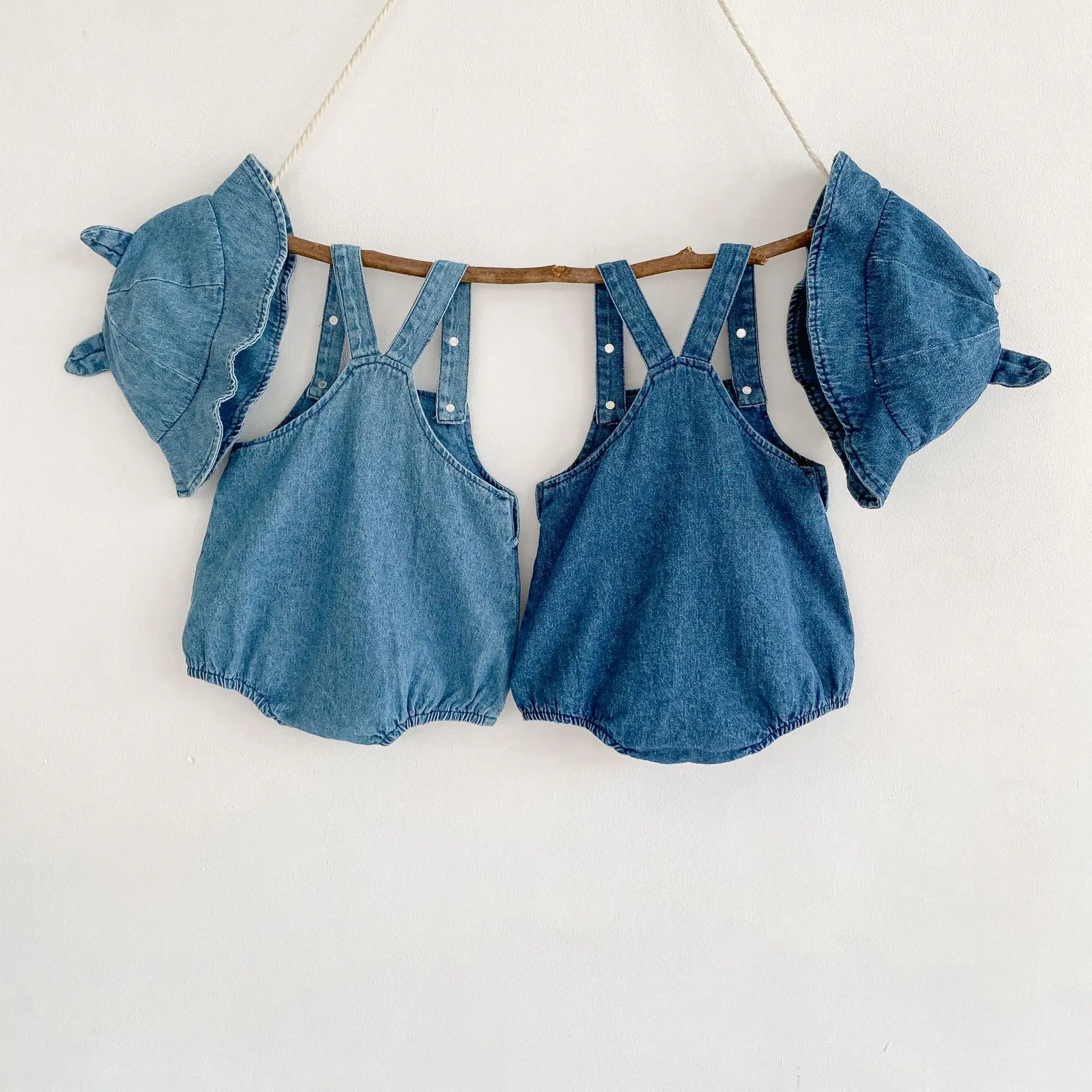 Summer New Kids Clothes Baby Girls and Baby Boy Denim Suspender Romper  Sun Hat 0-2 Years Old Cotton Jumpsuit