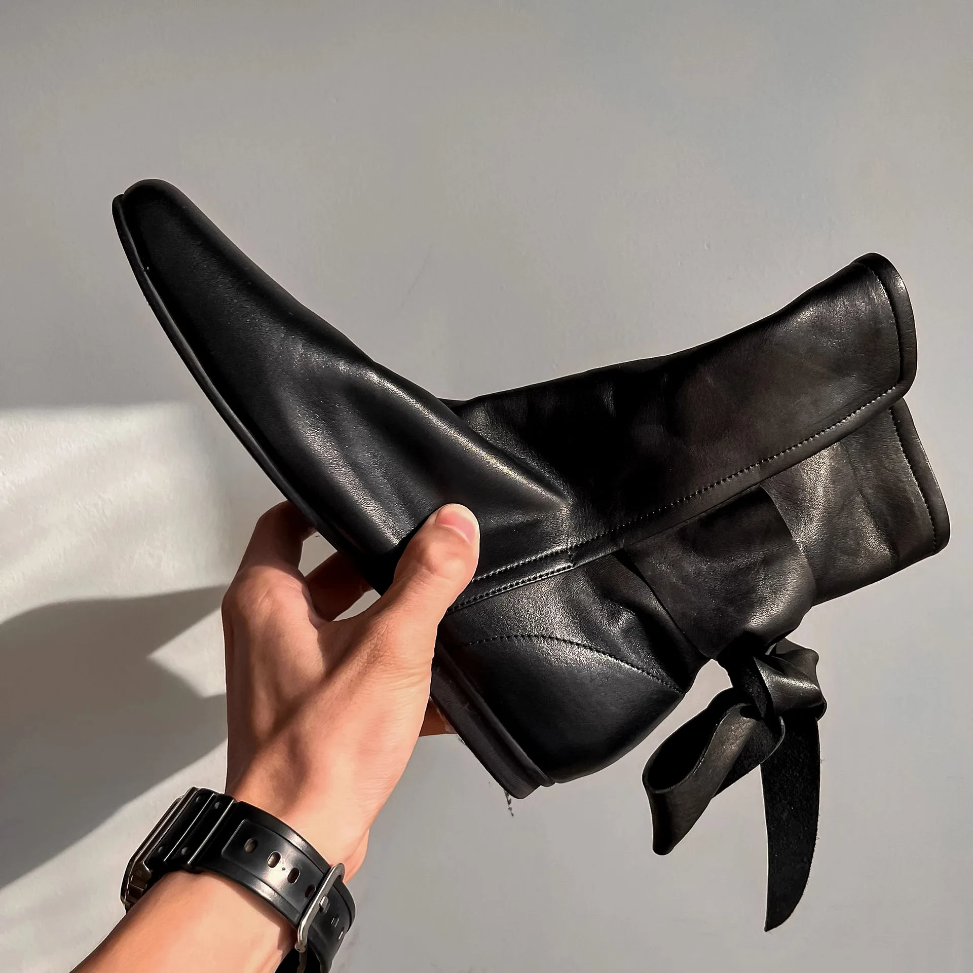 Genuine Leather Women Western Pleated Pile Boot Round Toe Low Heel British Chelsea Ankle Flat Boots For Ladies - Image 6