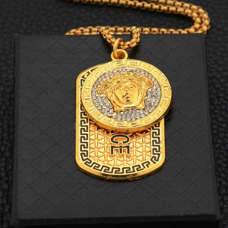 Hip Hop Style Gold Plated Full Diamond Greek Square Pendant Necklace Fashionable Chains Women Men Christian Symbol Pearl