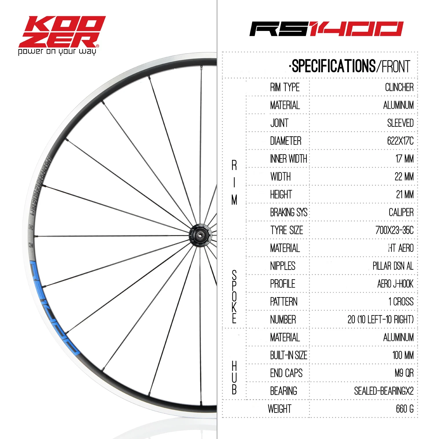 Koozer RS1400 Aluminium Roadbike Wheelset 700cx23-35c