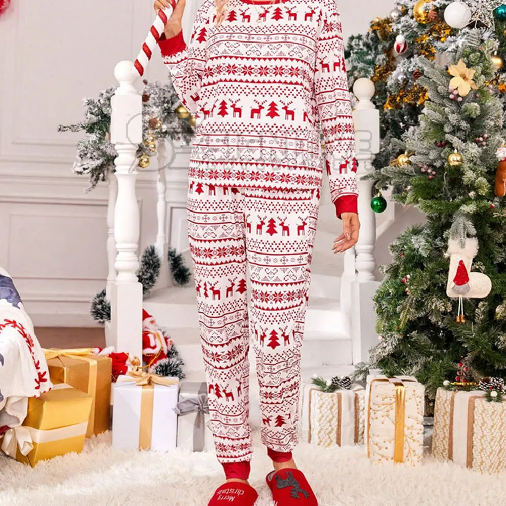 Christmas Casual Sleepwear Set for Adults 100% Cotton Long Sleeve Tee Pants Merry Christmas Lounge Pajama Suit for Winter