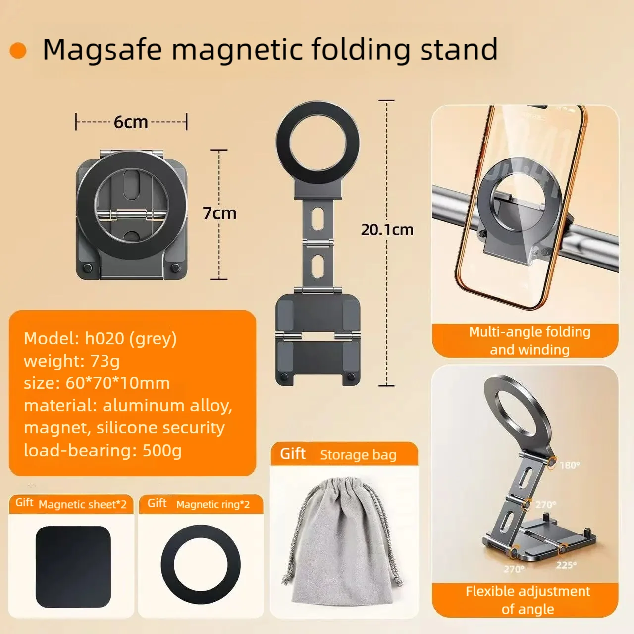 Foldable Magnetic Phone Stand Ultra Thin Multi Axis Adjustable 3 in 1 Fold Design for Desktop Car Kitchen Travel