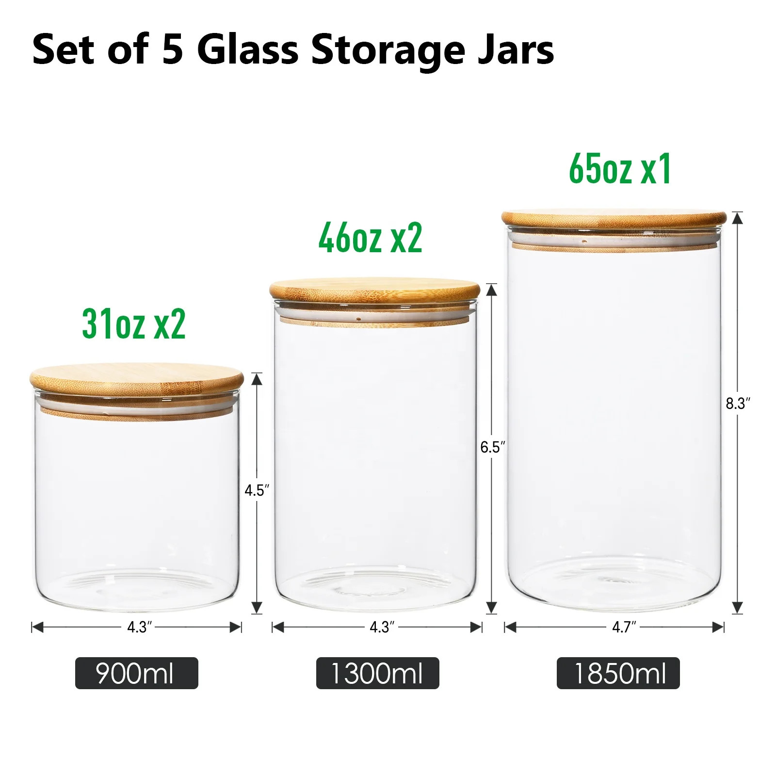 Pack De 2 Tarros De Almacenamiento De Cristal 3L Con Tapa De Bambú - Herméticos Para Cocina, Cereales, Harina Y Nueces