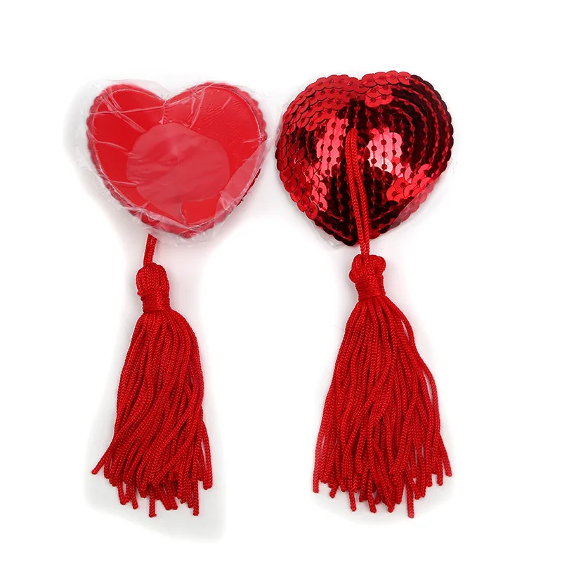 2pcs Sexy Sequin Nipple Covers With Tassel Heart Shaped Nipple Tassels