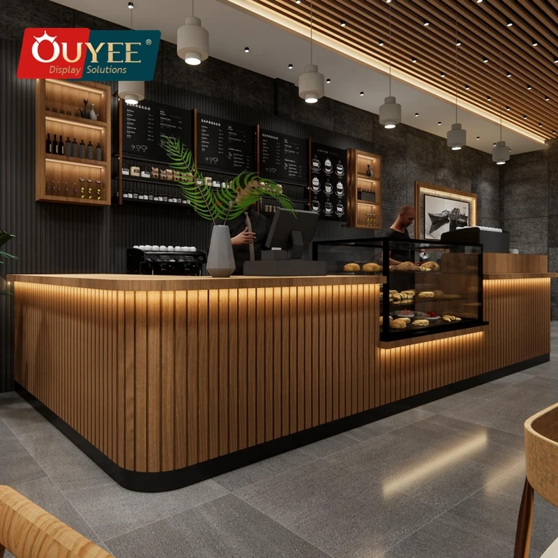 Ouyee Modern Coffee Shop Counter Design Furniture Bubble Tea Store Interior Decoration Cafe Bar Coffee Shop Counter