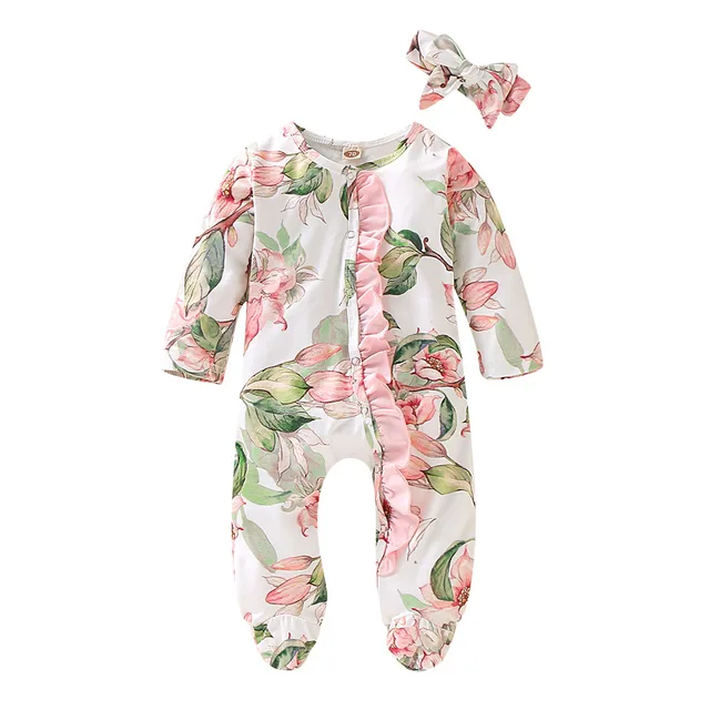 Spring Long Sleeve Floral Baby Romper Casual Polyester Fabric Printing Baby Button Baby Rompers