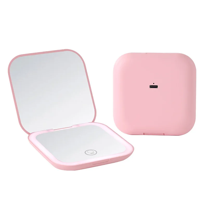 Square Portable Gift Handheld Folding Magnifying LED Light Charging Function Compact Design Makeup Compact Mirror
