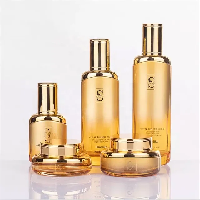 Luxury Cosmetic Packages Glass Skincare Containers Set Pump Bottle Gold Jar With Lotion Bottle Cosmetic Jar And Bottle