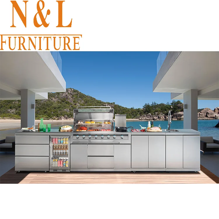 Outdoor Kitchen Free Standing 304 Stainless Steel Commercial Kitchen  Cabinet With Gas BBQ Grill