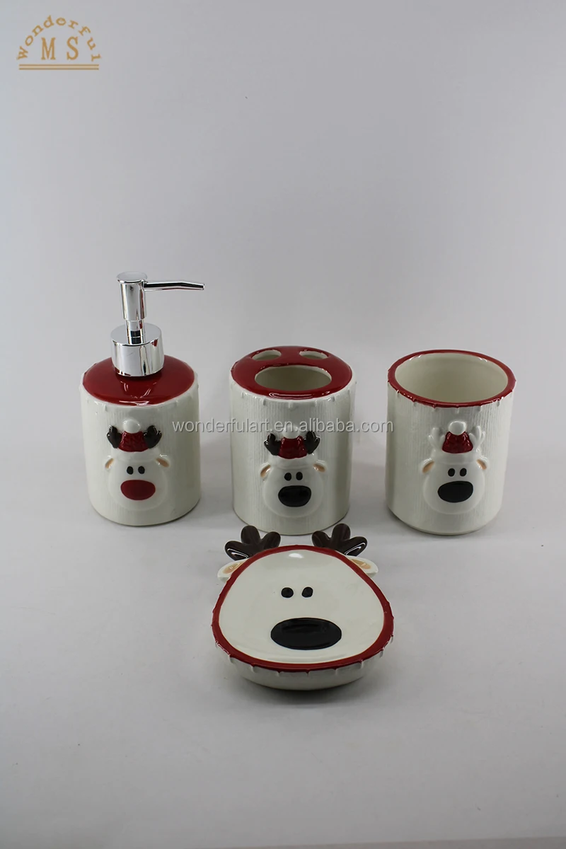 New Design 4 Pieces Reindeer Bathroom Accessories Set Stoneware Soap Dispenser Gift Set Christmas Bathroom Sets for Homeware