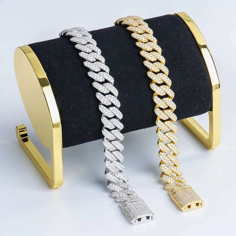 925 Sterling Silver Jewelry Iced Out Shiny Moissanite Bracelet Rhombic Style Cuban Bracelet HipHop Jewelry for Men