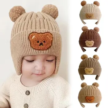 Baby Ear Protection Hats Cute Bear Embroidered Pullover Wool Knit Hat Children Autumn and Winter Thickened Warm Windproof Hats