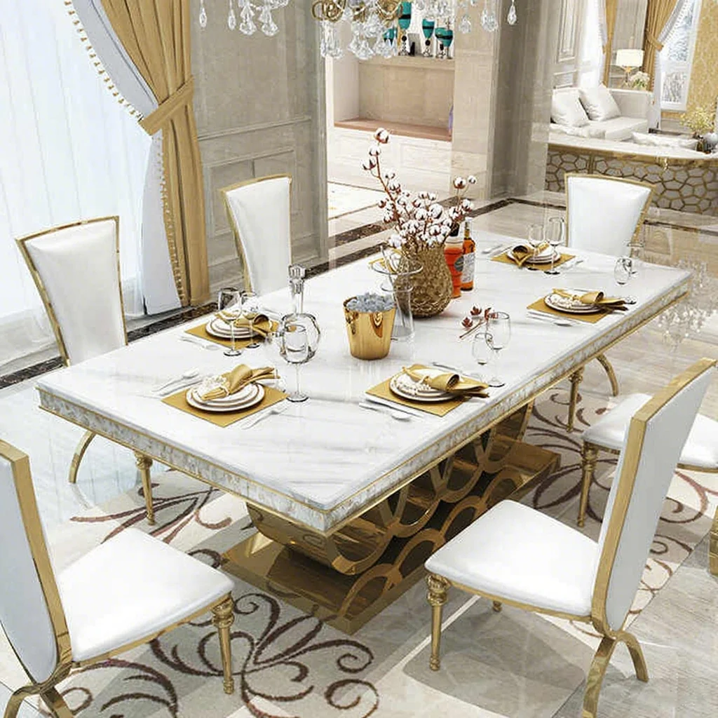 product luxury italian white marble 8 seater rectangular dining table modern style with leather chairs dining room furniture wholesale875-6